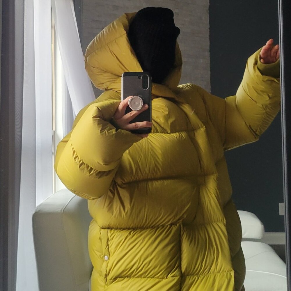 RICK OWENS LS Hooded puffer coat Yellowish Green IT size 50 US 40 SHOW STOPPER
